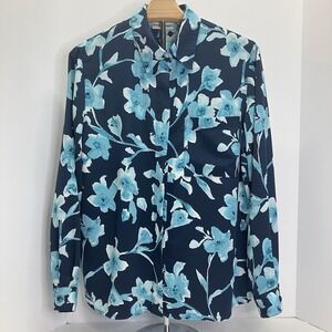 Alfred Dunner Womens‎ Blue Floral Long Slv Button Dn Shirt Size 10
